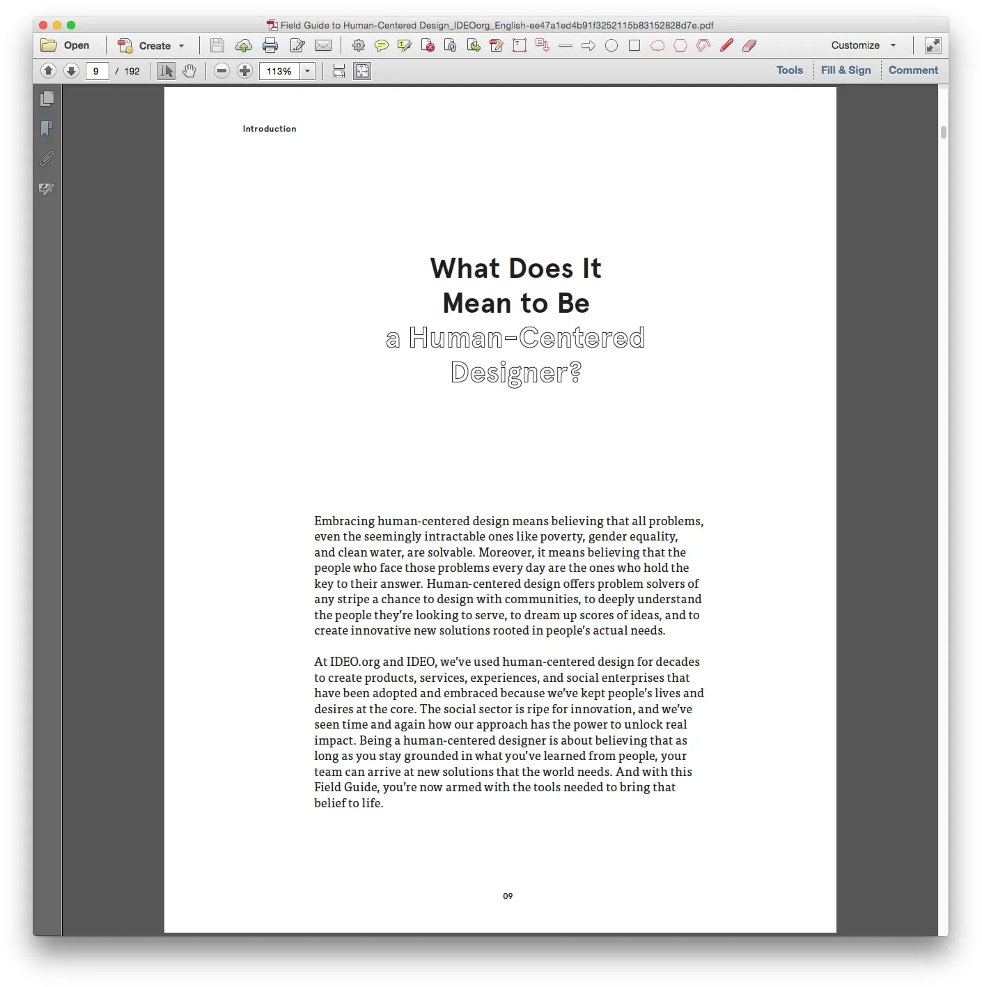 Acrobat window showing the main toolbar with annotation and drawing icons above an open document page, with the right-hand pane closed.