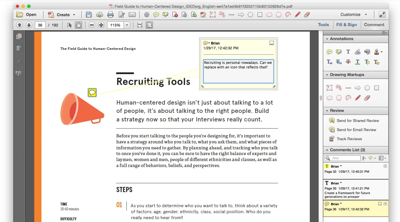 Acrobat window with a PDF open and a yellow comment note on the page, the Annotations, Drawing Markups, Review and Comments List sections open in the right-hand pane.