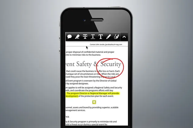 Phone mockup with a row of annotation tools across the top, a red circle around a heading and a yellow highlight on a sentence of the document.
