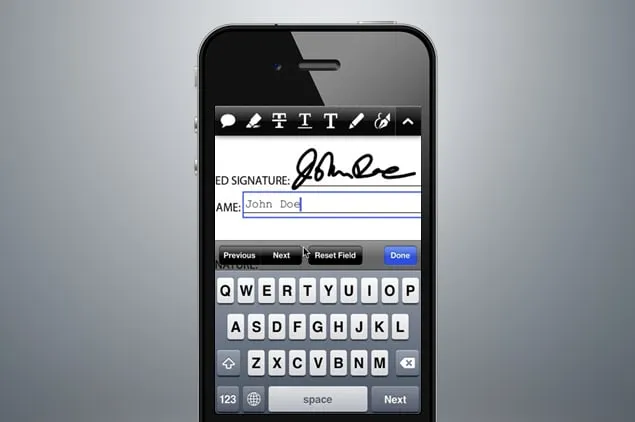 Phone mockup of a form with a handwritten signature above a name field, a Previous, Next, Reset Field and Done bar, and the on-screen keyboard open.
