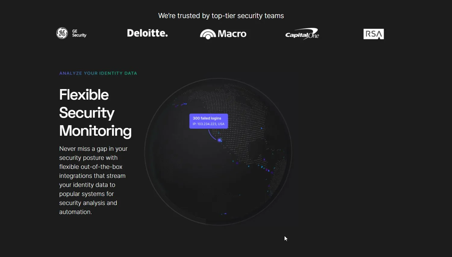 Dark marketing page section titled Flexible Security Monitoring beside a dotted globe with a callout reading 300 failed logins, under a row of customer logos.