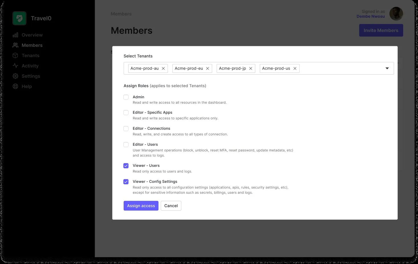 Members page with a dialog for assigning roles to four selected tenants: Admin, three Editor types and two Viewer types, each with a checkbox and a one-line description.