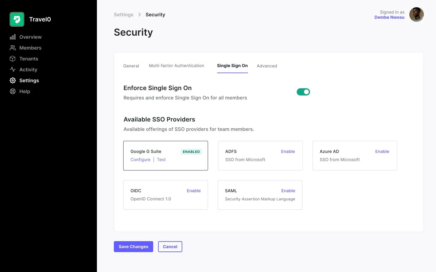 Security settings page on the Single Sign On tab with Enforce Single Sign On switched on and five provider cards: Google G Suite enabled, ADFS, Azure AD, OIDC and SAML.