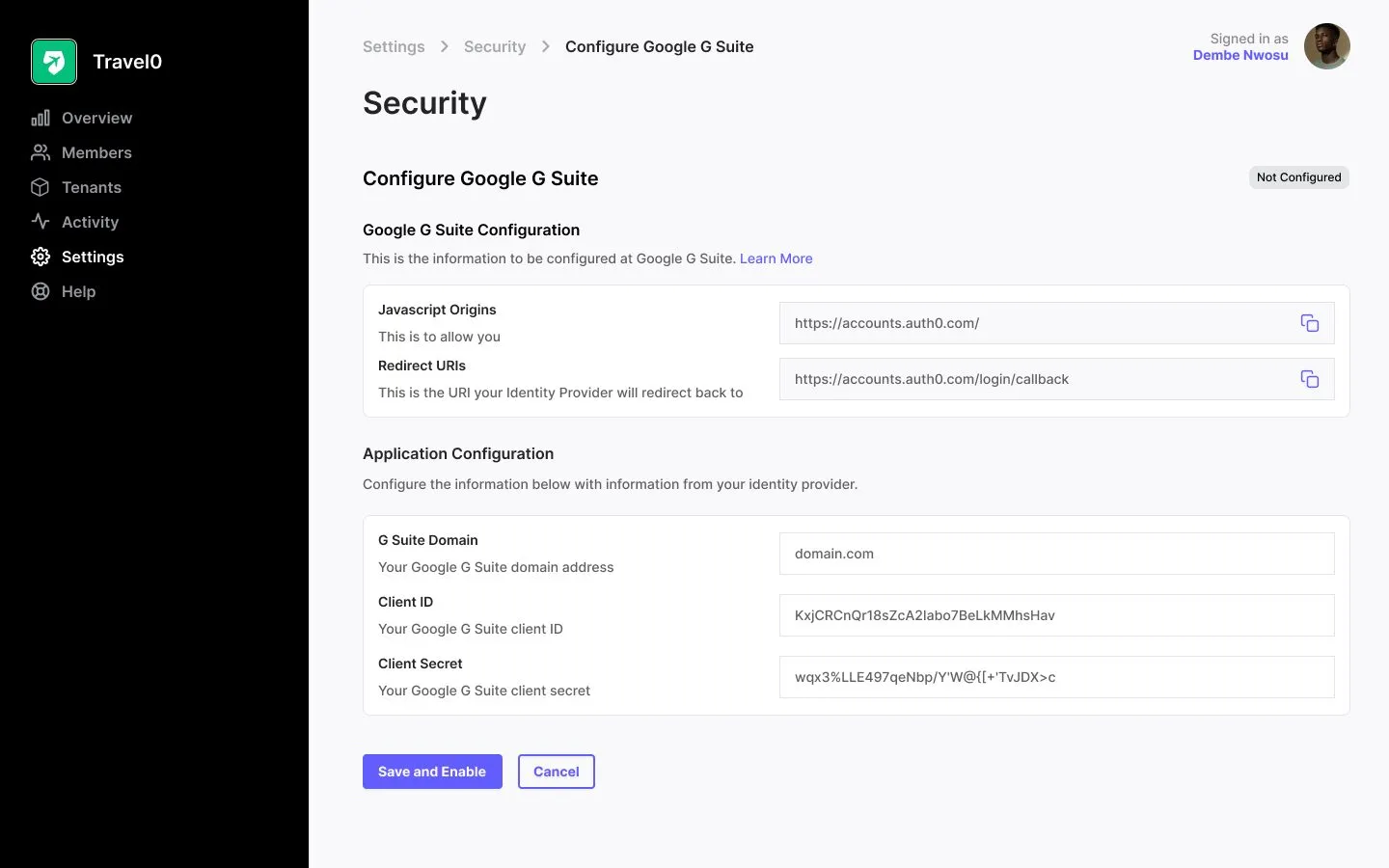 Configure Google G Suite form with copyable JavaScript origin and redirect URI fields at the top and domain, client ID and client secret inputs below.