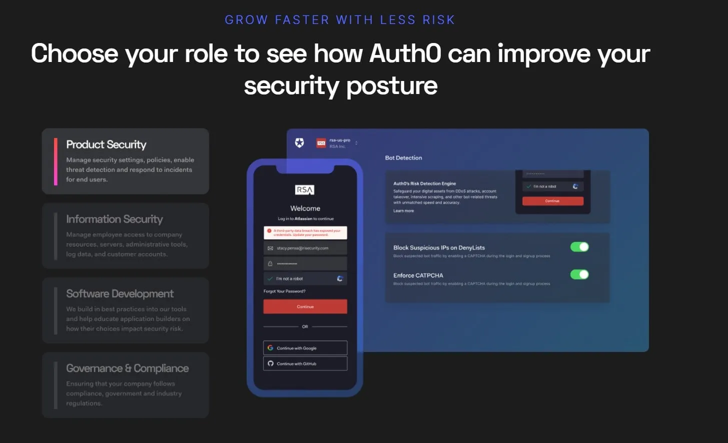 A dark marketing slide headed Choose your role to see how Auth0 can improve your security posture, with four role cards, a phone login screen and bot detection toggles.