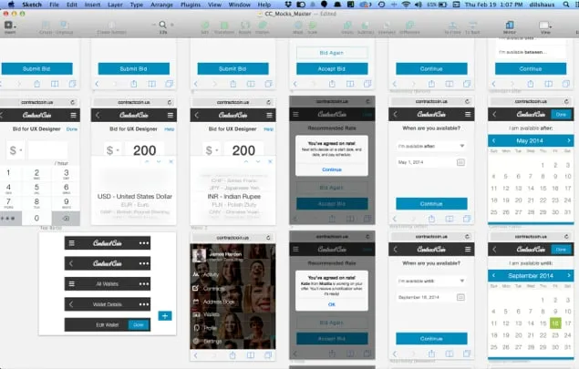 A Sketch window zoomed out on a master mockups file, with rows of ContractCoin screens including the bid, currency list, calendars and wallet menu.