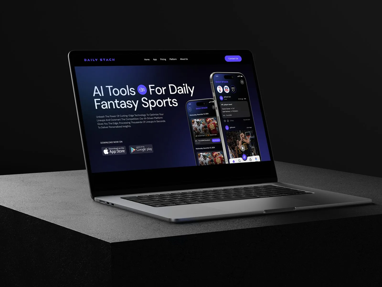 A laptop on a dark stone block showing the Daily Stack site with the headline AI Tools For Daily Fantasy Sports, store buttons and two phones showing the app.