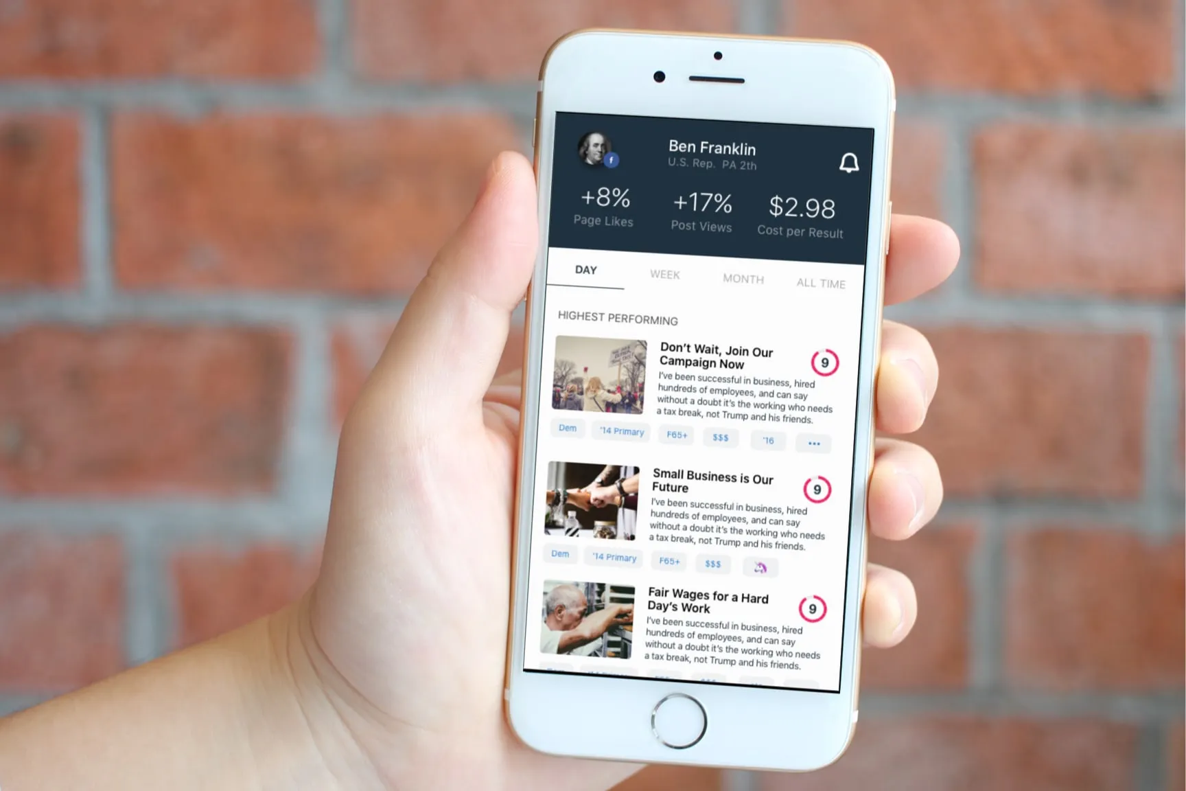 Hand holding a phone showing the Digital Director home screen, with page likes, post views and cost per result on a dark header and a ranked list of highest performing posts.