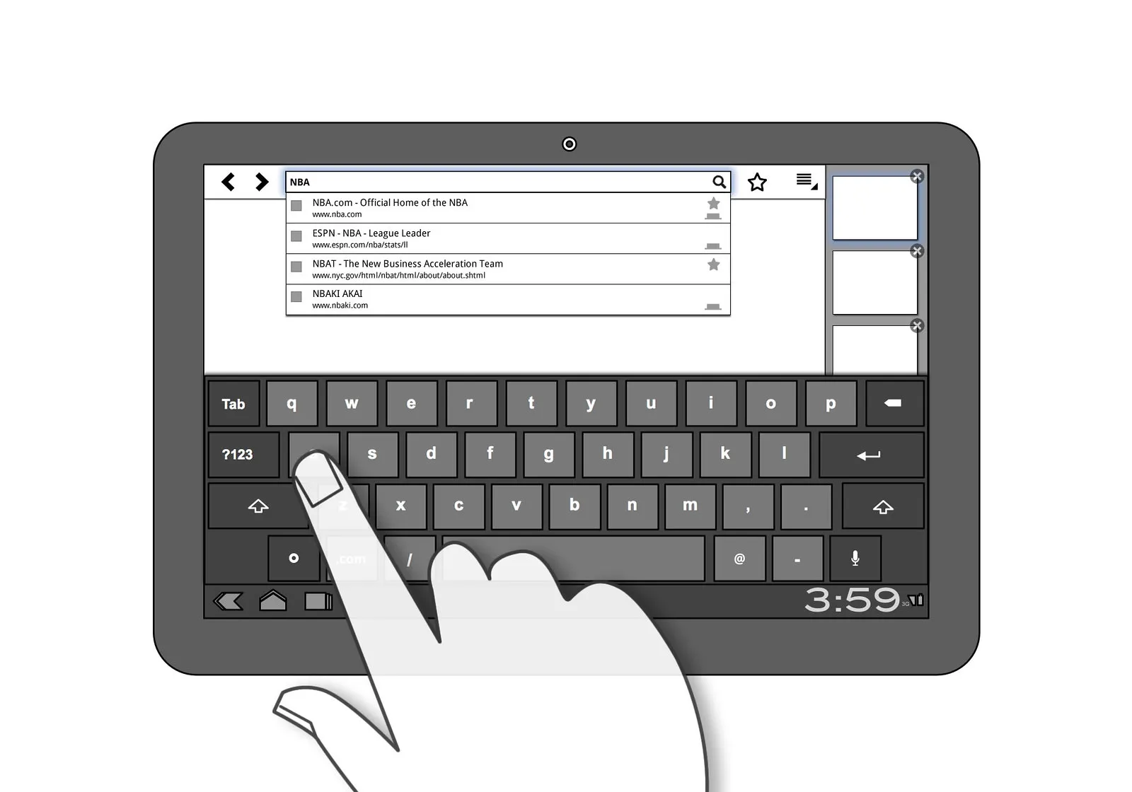 Tablet mockup with the on-screen keyboard open and a finger on a key, and a list of search suggestions for NBA under the address bar.