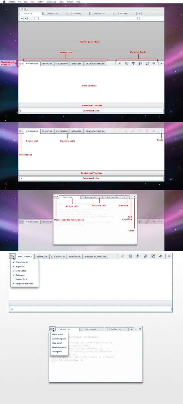 Tall sheet of annotated wireframes: the toolbox under a web page with labeled regions, a collapsed state, a detached panel with tabs and two preference menus.
