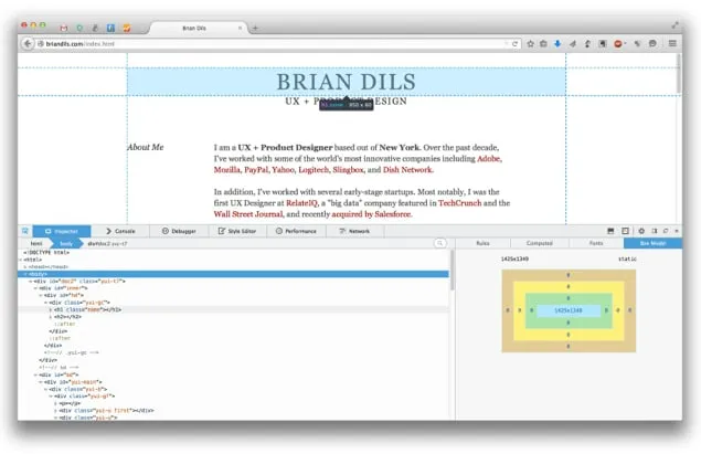 Firefox with the Inspector panel open under a web page, showing the HTML tree on the left and the box model with rules, computed and fonts tabs on the right.