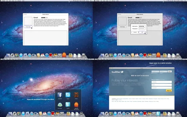 Four desktop screens with app concepts: an app details window with an Install app button, a sign-in dialog, apps shown in the dock and a web app open in its own window.