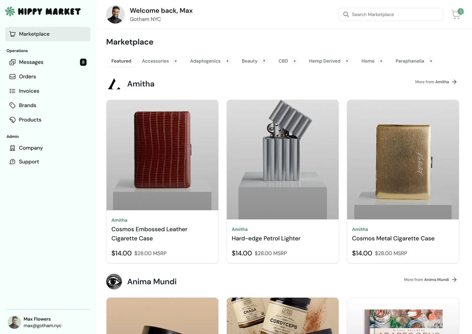 Hippy Market Marketplace page with featured products from the brand Amitha, a row of category filters and the start of a second brand section below.