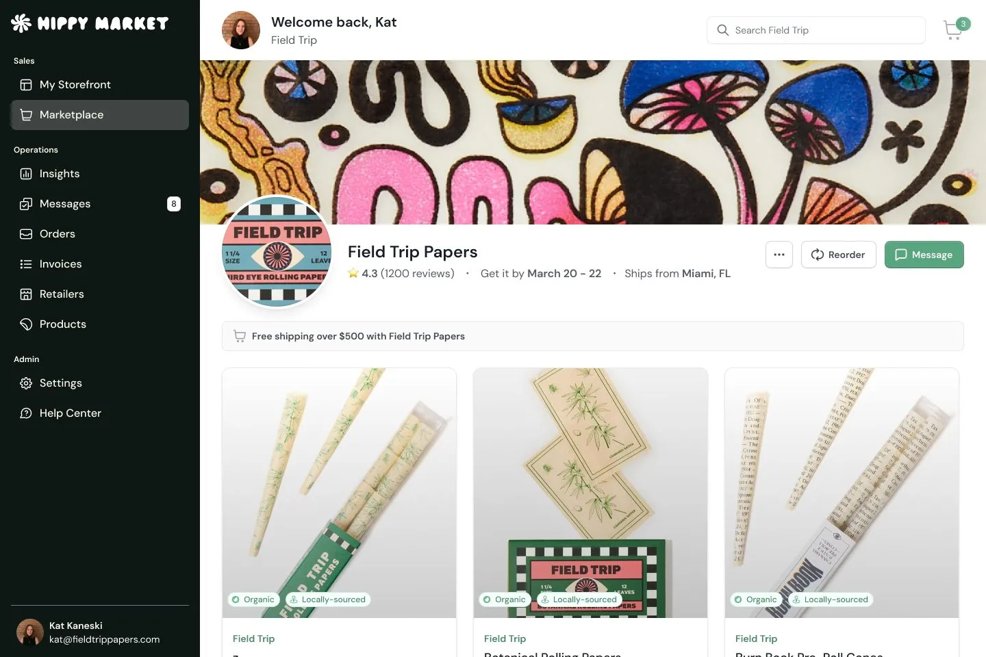 Hippy Market storefront for Field Trip Papers with a banner, ratings, delivery date, free shipping notice, Reorder and Message buttons and a row of product cards.