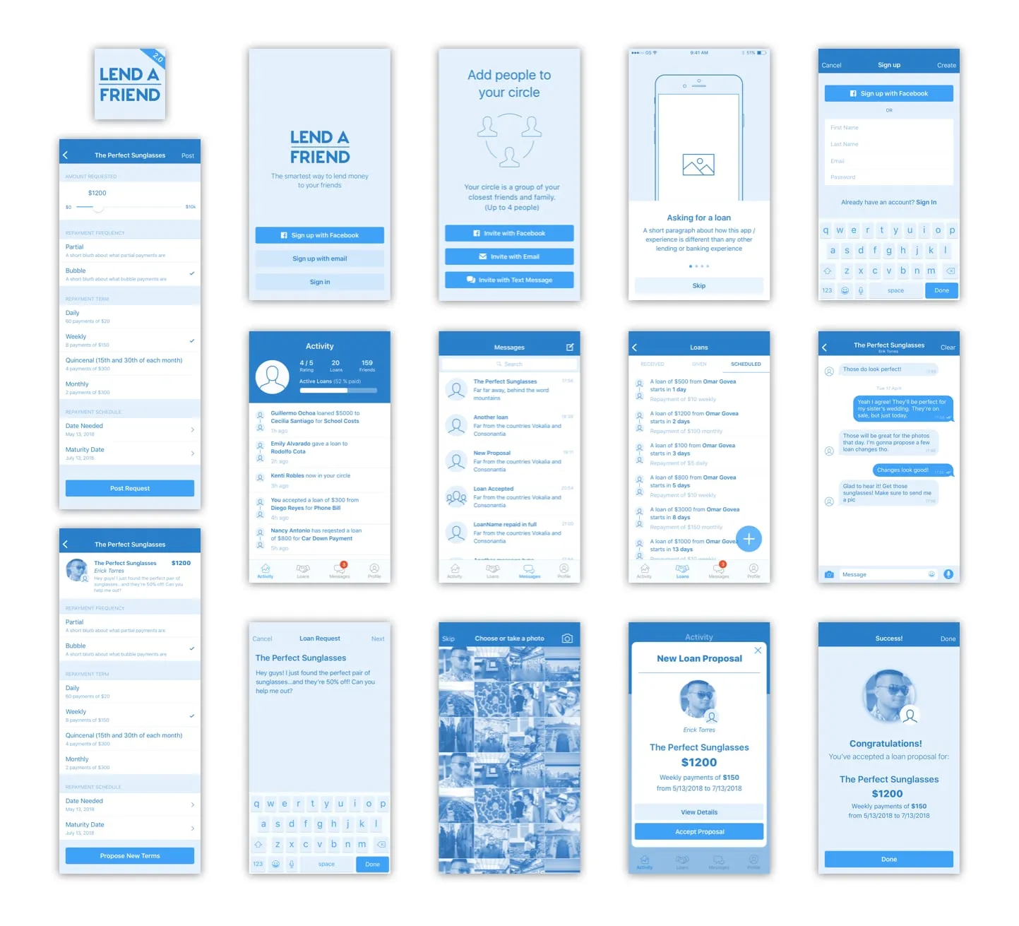 Blue wireframe screens: welcome, adding people to a circle, loan request form with frequency and term options, activity, messages, loans list, chat and a loan proposal.