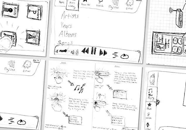 Pencil sketches of music player screens: icon tiles on a home screen, a library list with a playback bar, and gesture notes showing a press and hold.