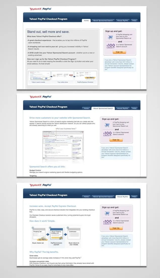 Three stacked pages of the Yahoo PayPal Checkout Program site, with home, sponsored search and PayPal tabs, a sign-up panel on the right and a three-step checkout diagram.