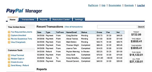 PayPal Manager home screen with action items, common tools, a recent transactions table and sales totals for today, this week, this month, this year and all time.