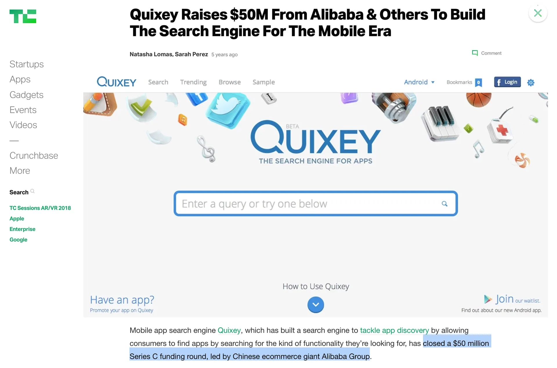 TechCrunch article headline reading Quixey Raises $50M From Alibaba and Others, with a screenshot of the Quixey site and a highlighted sentence about the Series C round.