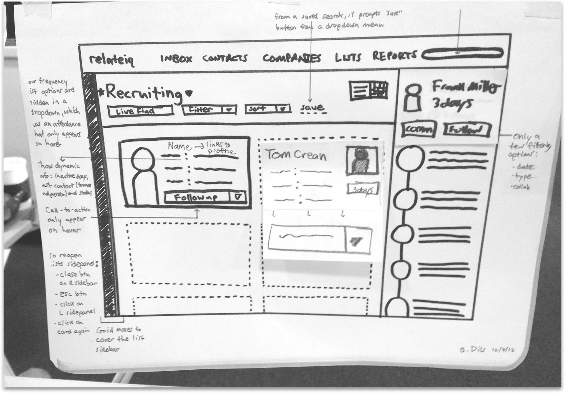 Pencil wireframe of a Recruiting list page with contact cards, a side panel timeline and handwritten notes about hover actions and filter options.