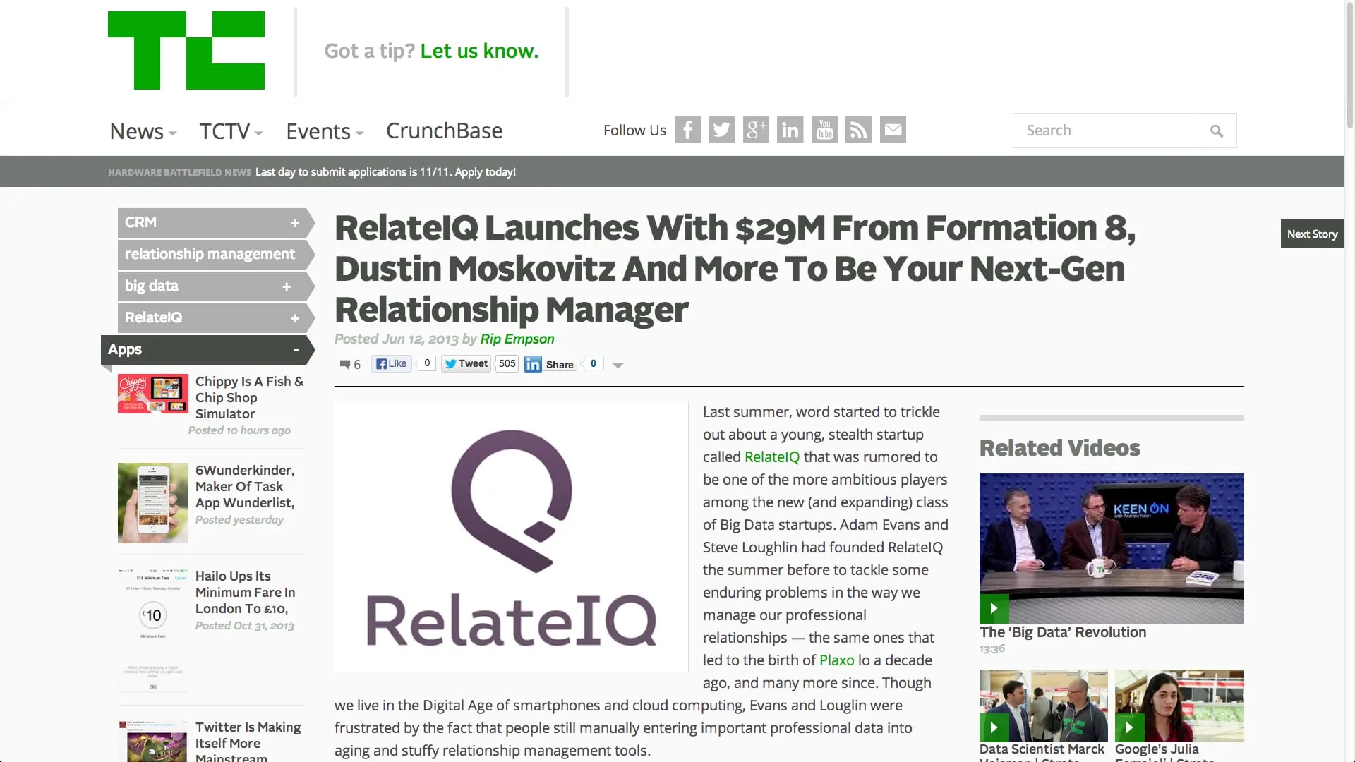TechCrunch article page with a headline about RelateIQ launching with $29M, the RelateIQ logo and the first paragraphs of the story.