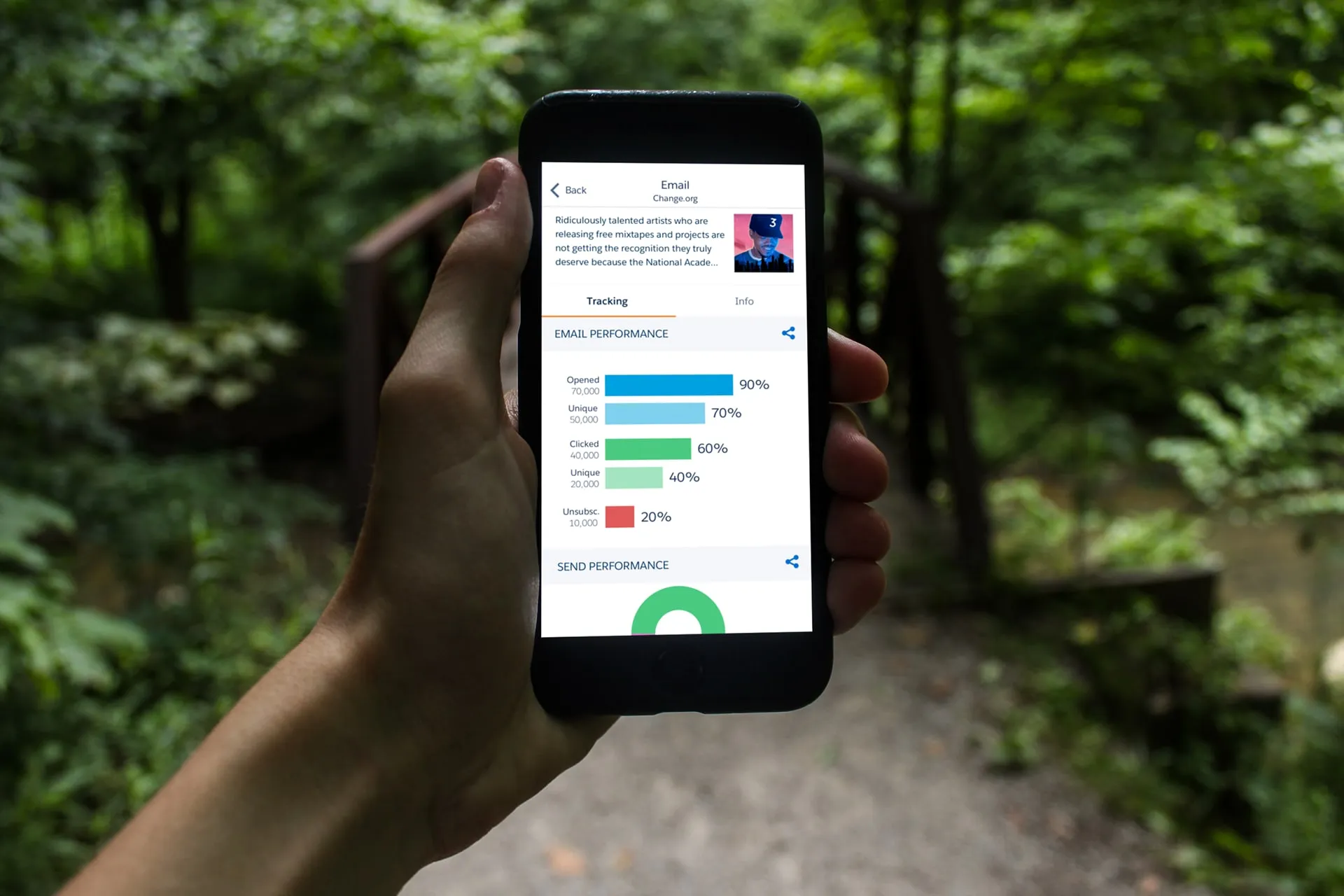 A hand holding a phone in a wooded park, showing an email tracking screen with horizontal bars for opened, clicked and unsubscribed rates and a green send performance donut below.