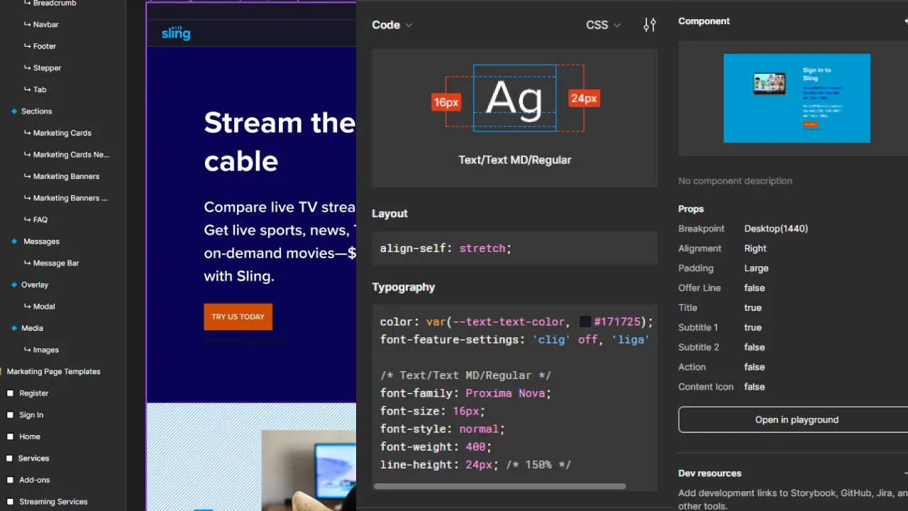 Component documentation in a design file: a Sling marketing page behind a panel showing CSS for a text style and the component's props such as breakpoint and padding.