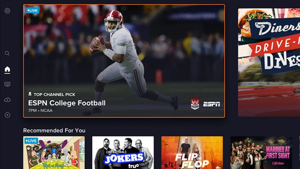 Sling TV home screen on a TV with a large Top Channel Pick tile for a live football game and a Recommended For You row below.