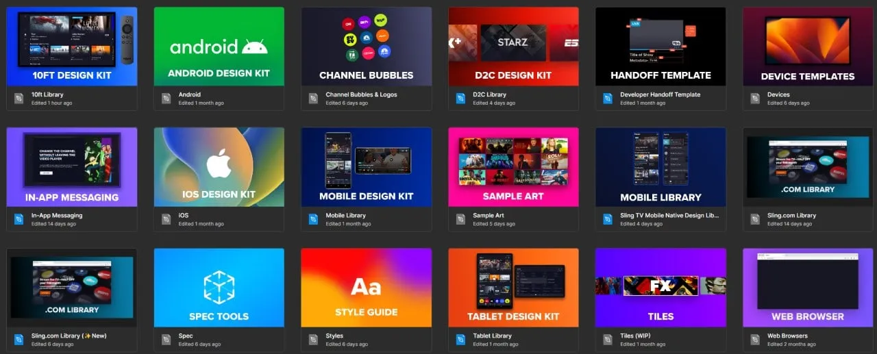 The Sling design kit library as a grid of tiles for 10-foot, Android, iOS, mobile, tablet and web browser kits, plus style guide, spec tools, handoff template and sample art.