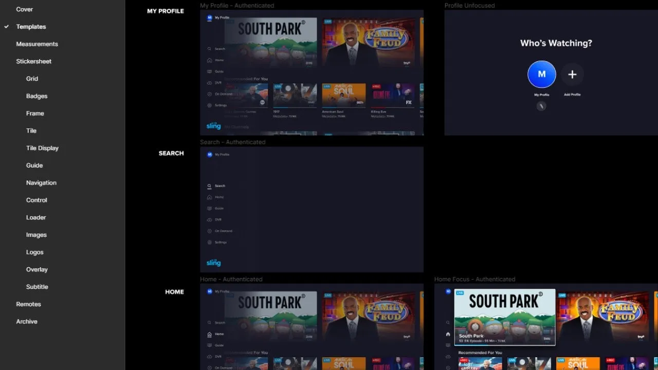 Profile, search and home templates for the 10-foot interface laid out in a dark design file, with a component list in the left sidebar.