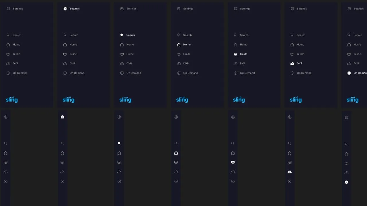 Seven columns of the TV navigation rail in expanded and collapsed form, each with a different item highlighted: settings, search, home, guide, DVR and on demand.