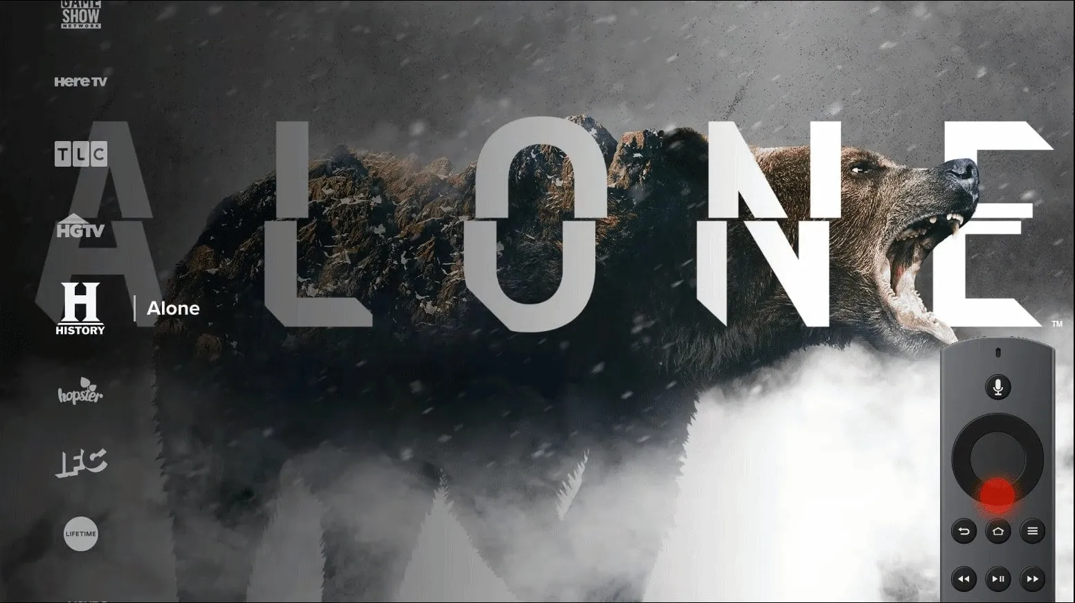 A show page for the series Alone on a TV, with a column of channel logos down the left and a remote control graphic with a red press indicator in the corner.