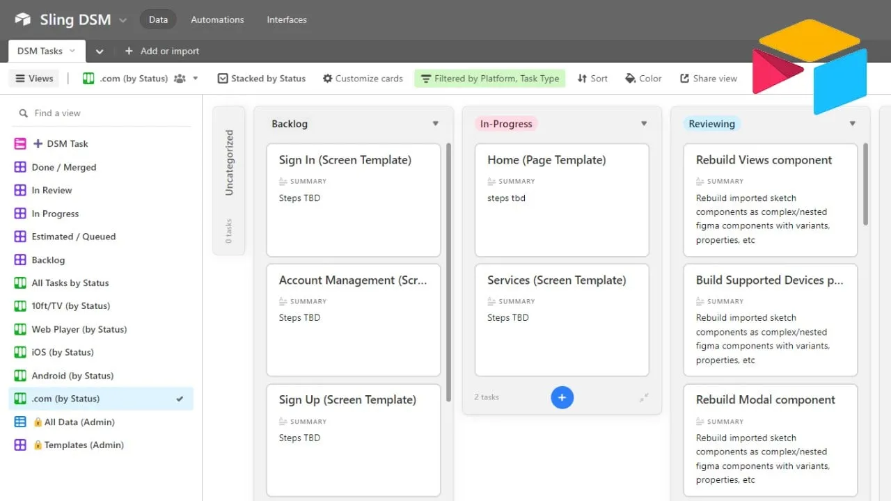 A design system task board in a project tool with Backlog, In-Progress and Reviewing columns, and cards for screen templates and components being rebuilt.