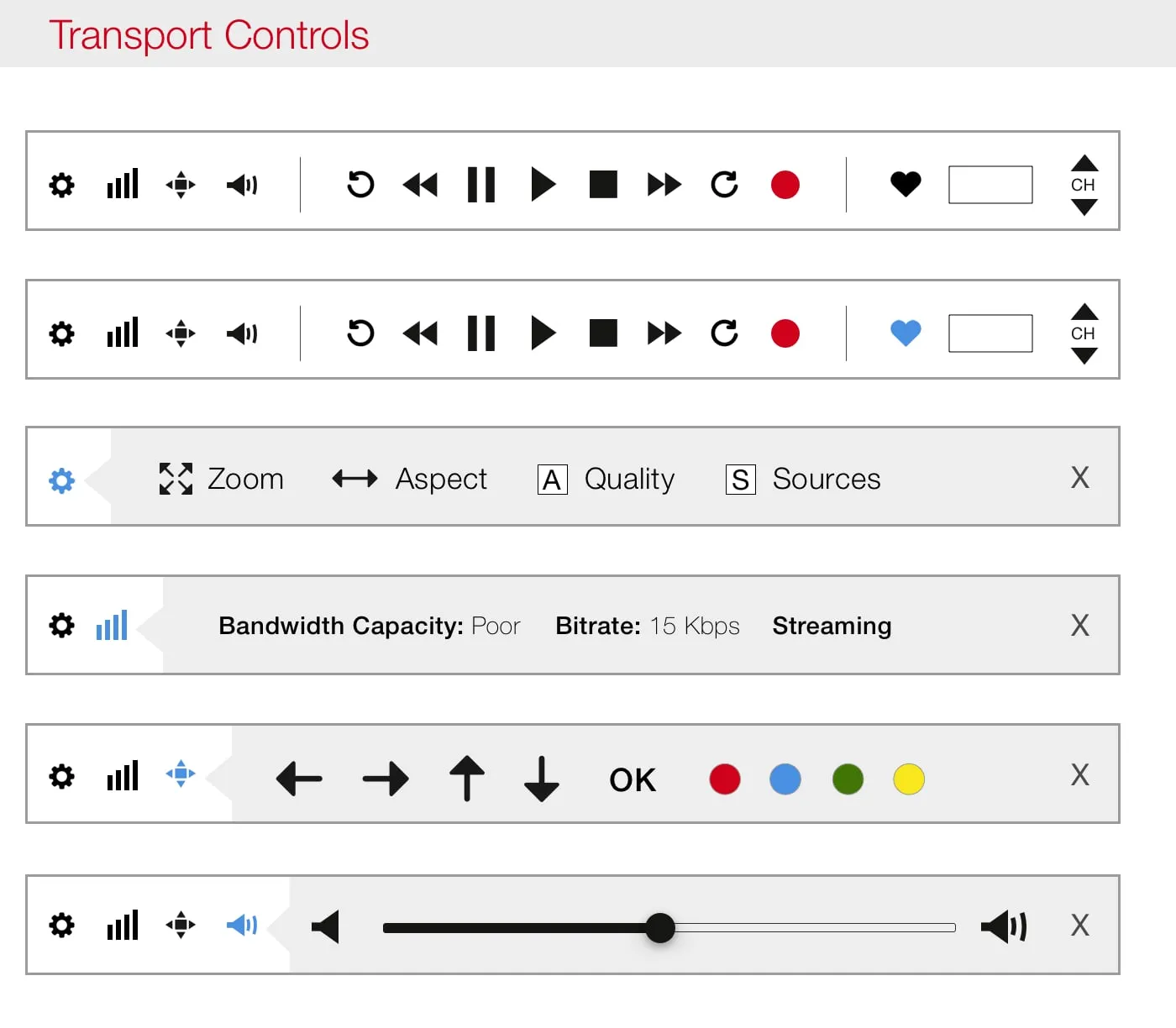 Sheet of six SlingPlayer control bars: main playback bar, a favorite state, settings, bandwidth, remote buttons and a volume slider, each with its icon highlighted blue.