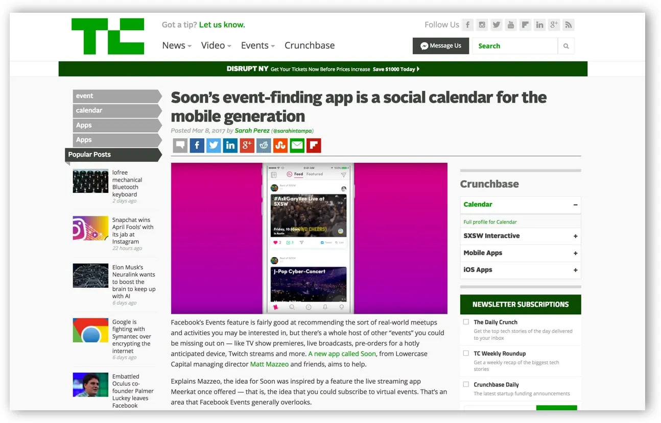 TechCrunch article page titled Soon's event-finding app is a social calendar for the mobile generation, with a phone screenshot on a pink background above the first paragraphs.