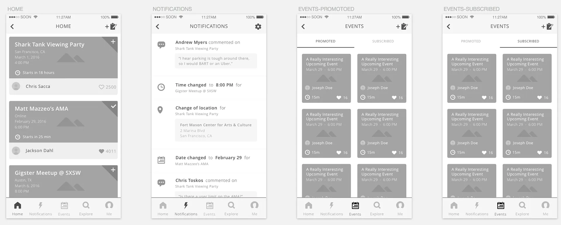 Four gray low-fidelity wireframes labeled Home, Notifications, Events Promoted and Events Subscribed, with event cards, notification rows and a tab bar.