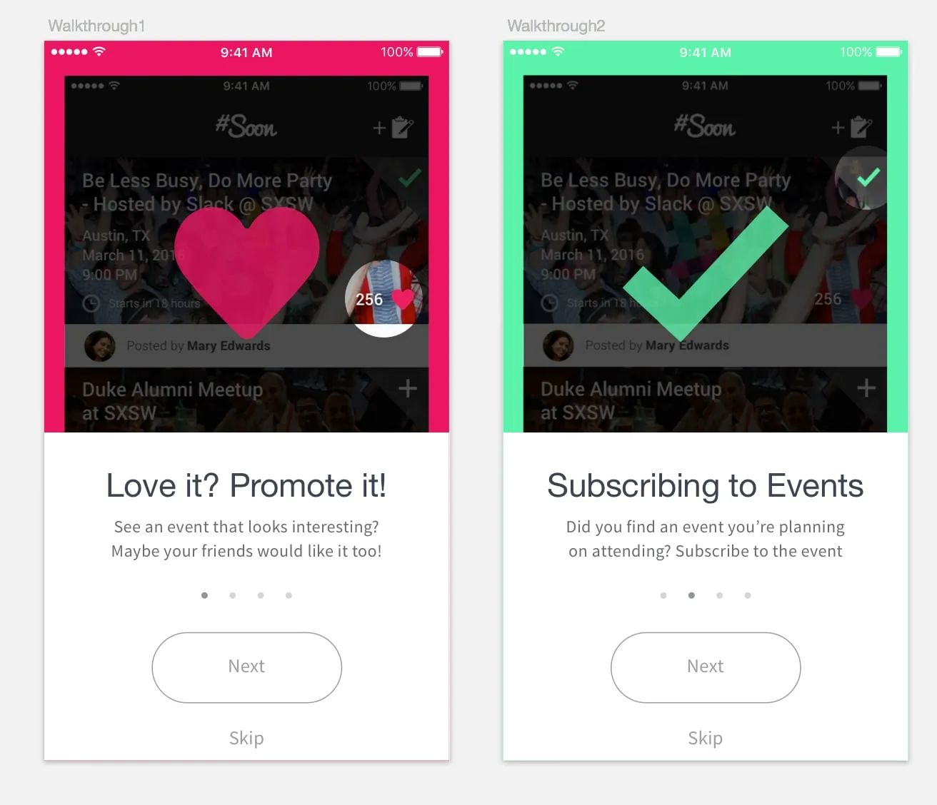 Two onboarding walkthrough screens: a pink one titled Love it? Promote it! with a heart, and a green one titled Subscribing to Events with a check mark.