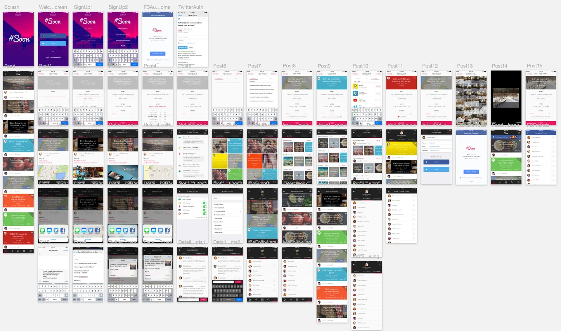 Overview of dozens of Soon screens in a grid, from sign up and new event forms to event details, notifications, trending topics and profile lists.