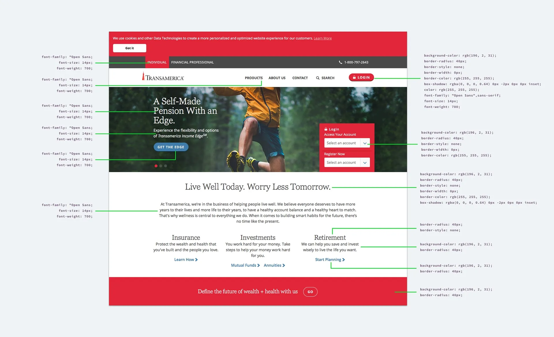 A Transamerica web page with a hero image, login box and three product columns, annotated with green lines pointing to CSS values for fonts, colors and button radius.