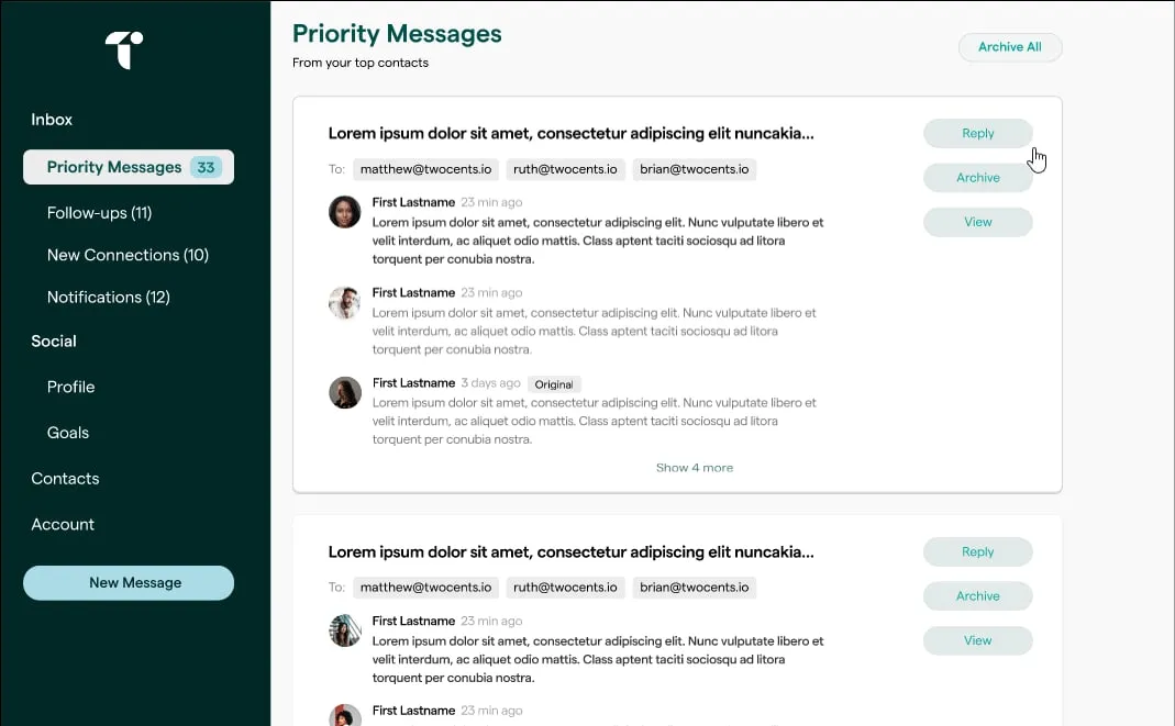 Priority Messages screen beside a dark green sidebar, with stacked message threads, recipients and Reply, Archive and View buttons, plus an Archive All button.