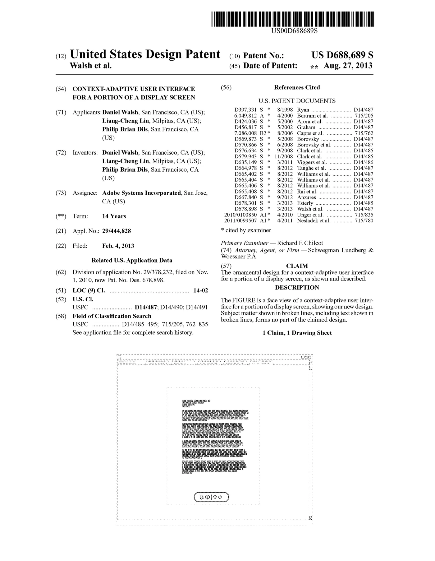 Front page of US design patent D688,689 S, with the title, inventor list and a figure of a page with a small floating control bar beneath it.