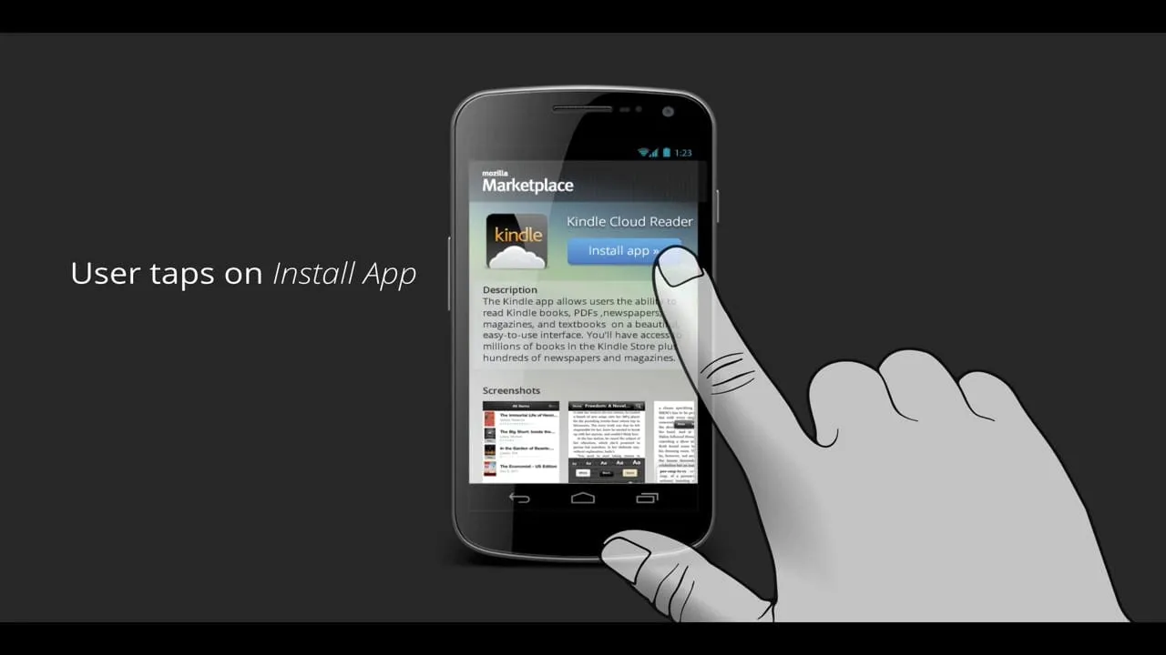 Frame from the install flow video: a drawn hand taps Install app on a phone showing a Marketplace details page for an e-reader app, with the caption User taps on Install App.